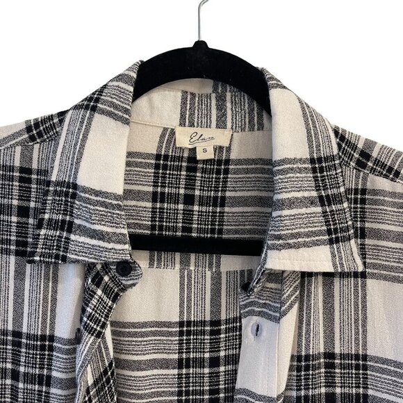 Elan Size S Metallic Plaid Black White Button Down Top Shirt Raw Hem Relaxed Fit - Picture 9 of 10